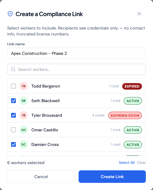 NoLapse compliance link creation modal