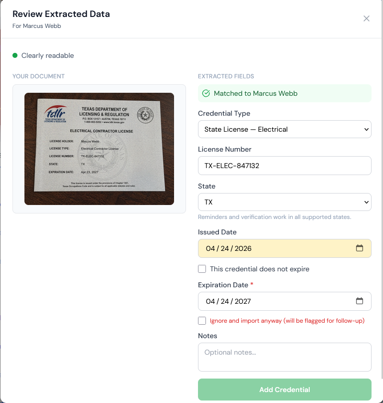 NoLapse scan review modal showing auto-filled credential fields
